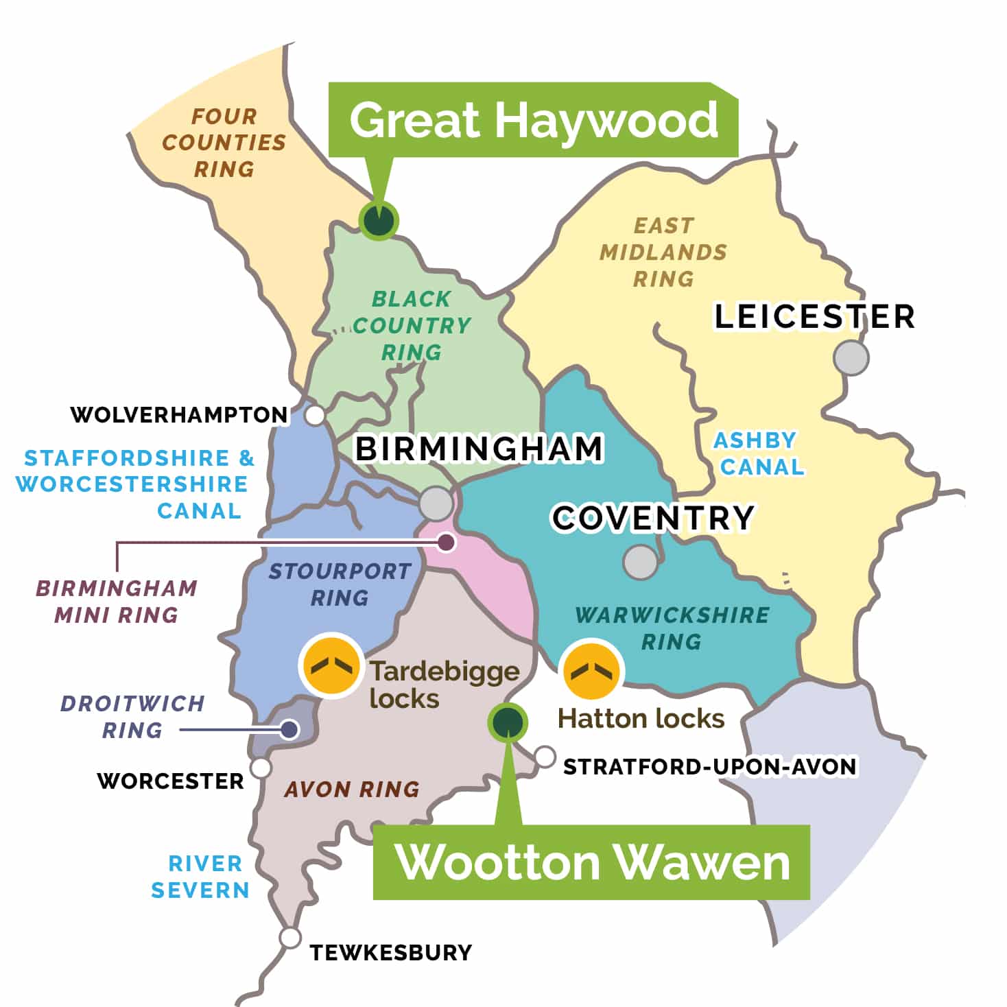 Map of canals with canal boat holiday routes from Wootton Wawen